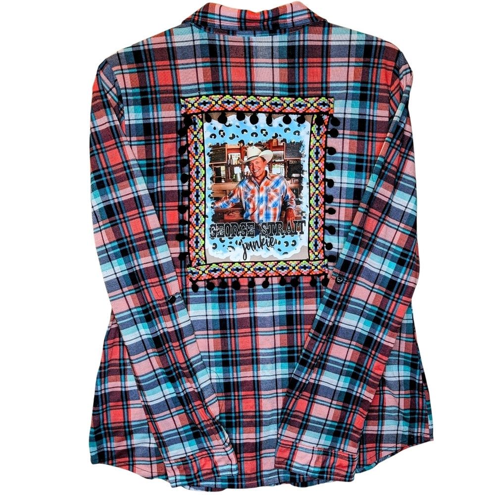 R&B Plaid Button Down Shirt with George Strait Graphic Back With Embellishments